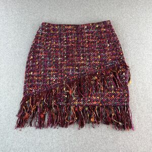 Zara Fuchsia Multicolor Tweed Fringe Midi Skirt Elegant Funky Maximalist Size S